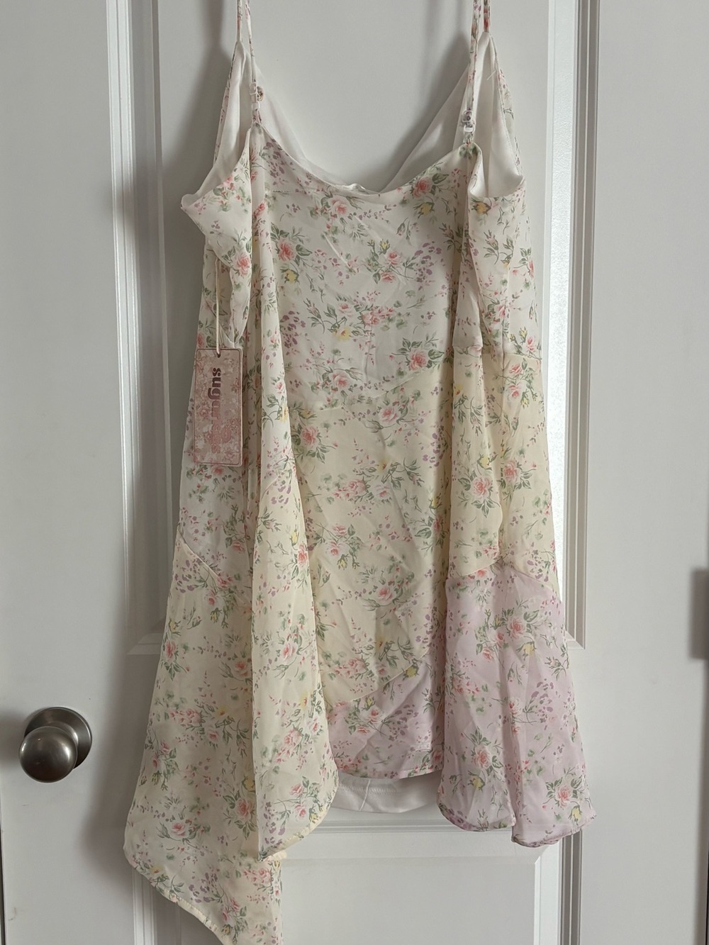 Floral Chiffon Slip Dress with Asymmetric Hem - Cream & Pink